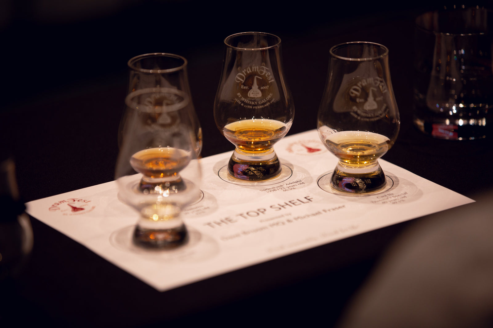 A picture of 4 whisky glasses sitting on a tasting mat that says 'The Top Shelf'