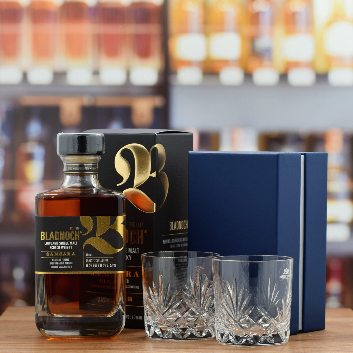 Bladnoch 'Samsara' and 2 Crystal Whisky Glasses