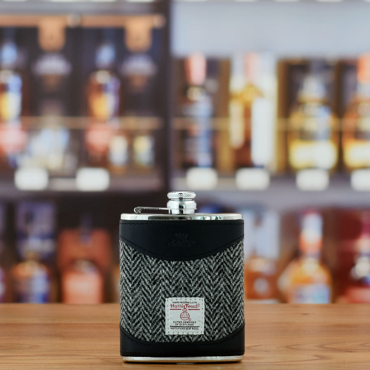 Black Leather and Harris Tweed 6oz Hip Flask