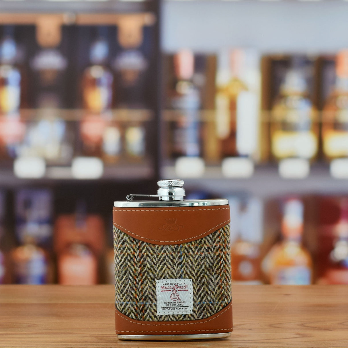 Tan Leather and Harris Tweed 6oz Hip Flask