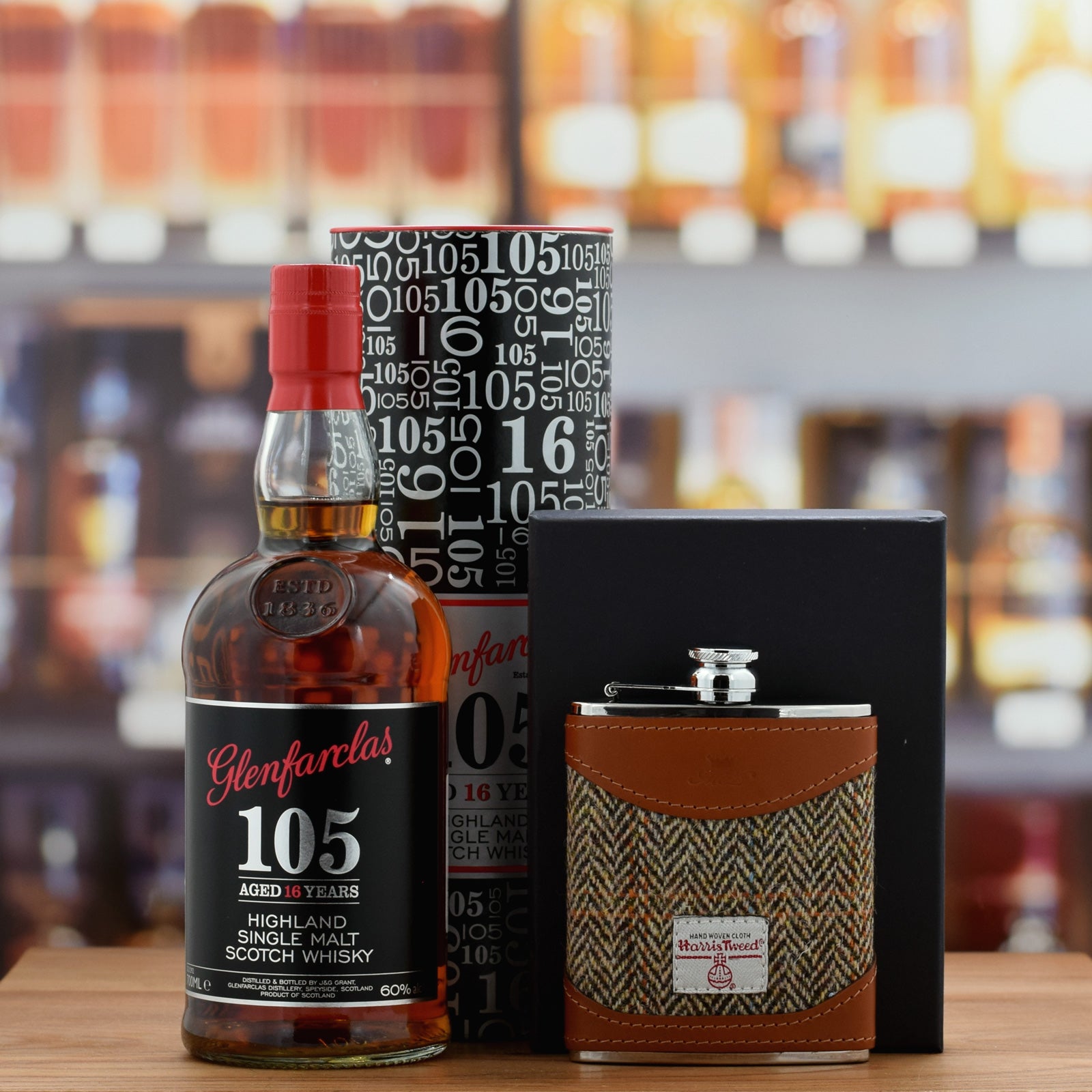 Glenfarclas '105' 16 years old with Tweed Hip Flask – Whisky Galore