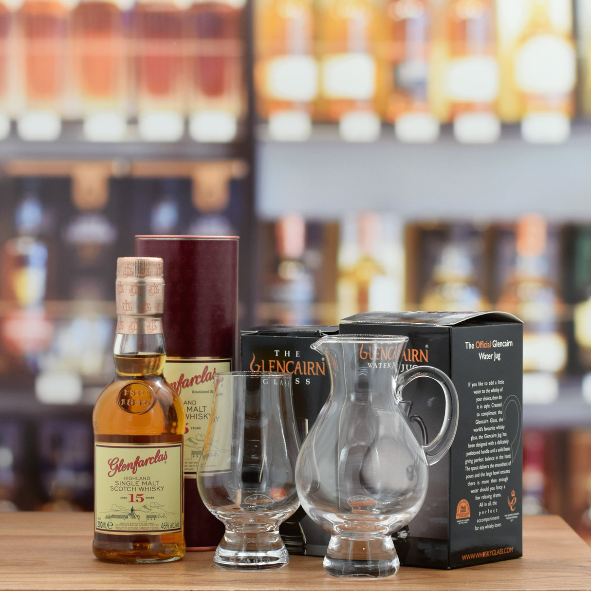 Glenfarclas 15 with whisky glass & jug
