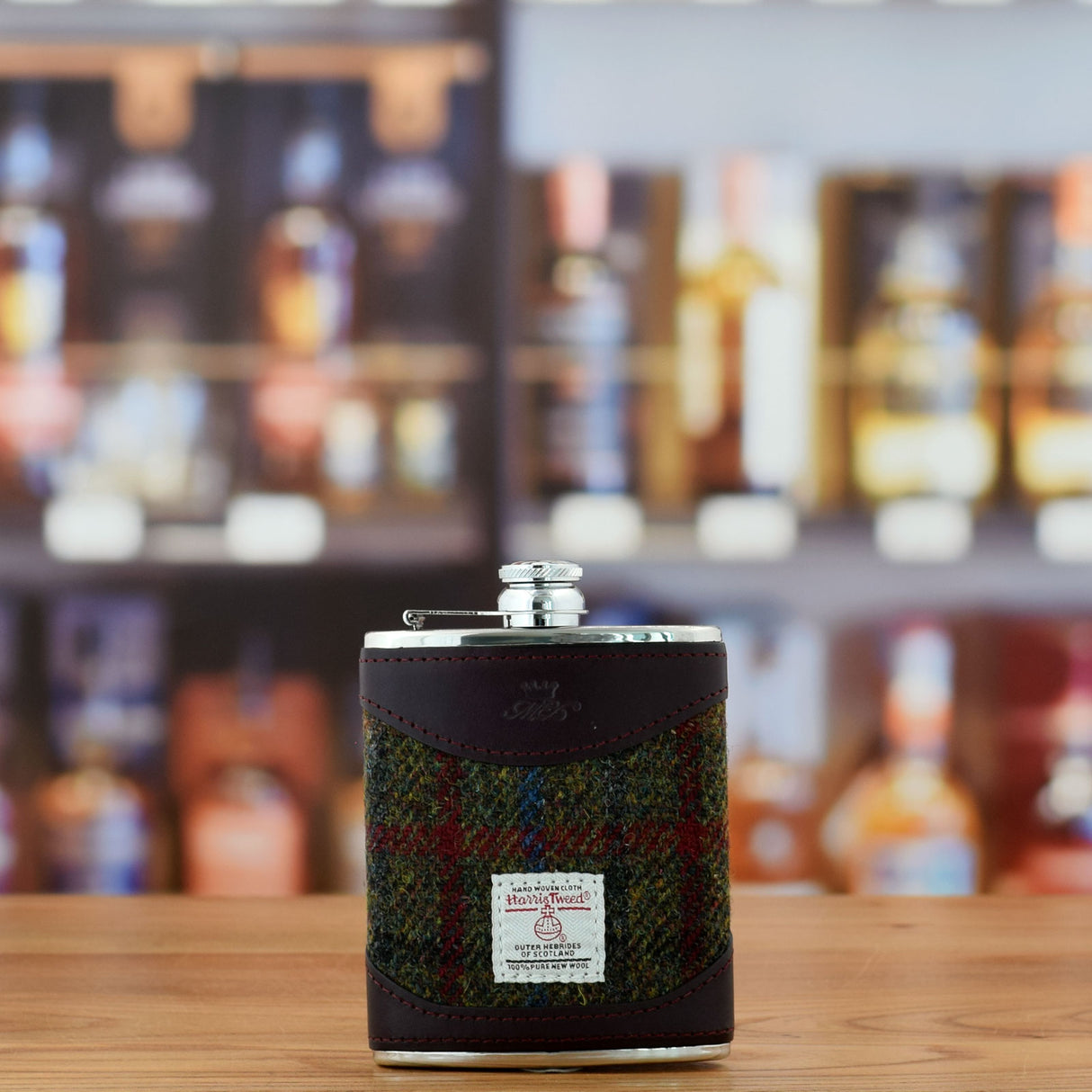 Burgundy Leather and Harris Tweed 6oz Hip Flask
